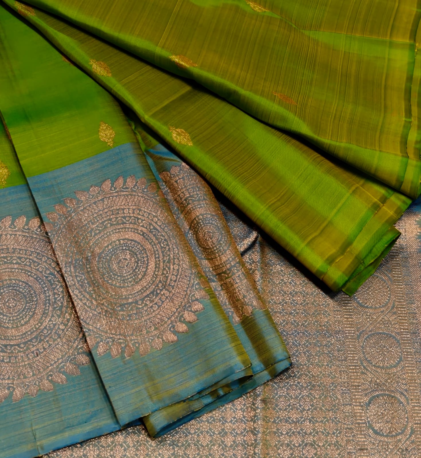 Parrot Green & Turquoise Blue Paithani Saree